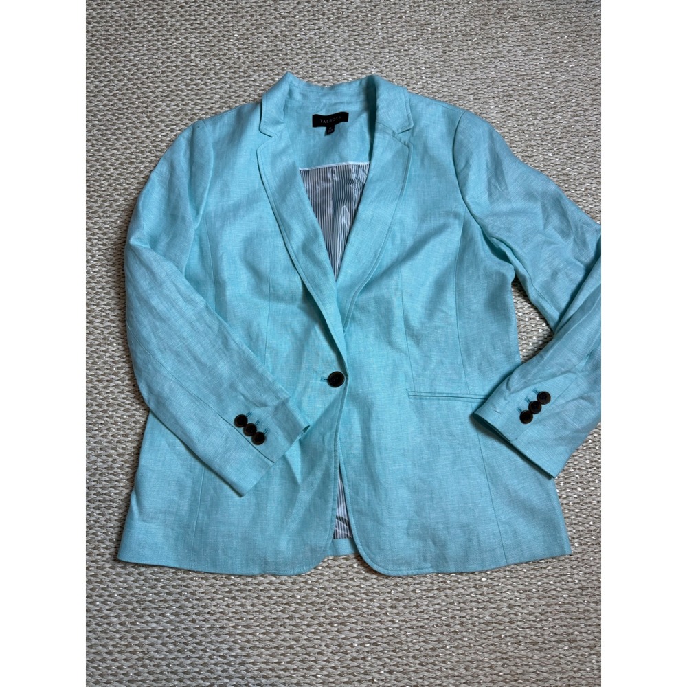 Talbots 100% Linen Blazer Single Button Lined Jacket Turquoise academia 14